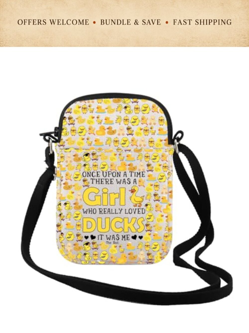 Duck Lover Crossbody Bag Canvas Zipper Adjustable Strap Cosmetic Travel Purse